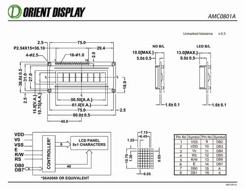 AMC0801AR-B-Y6WFDY (8x1 Character LCD Module)