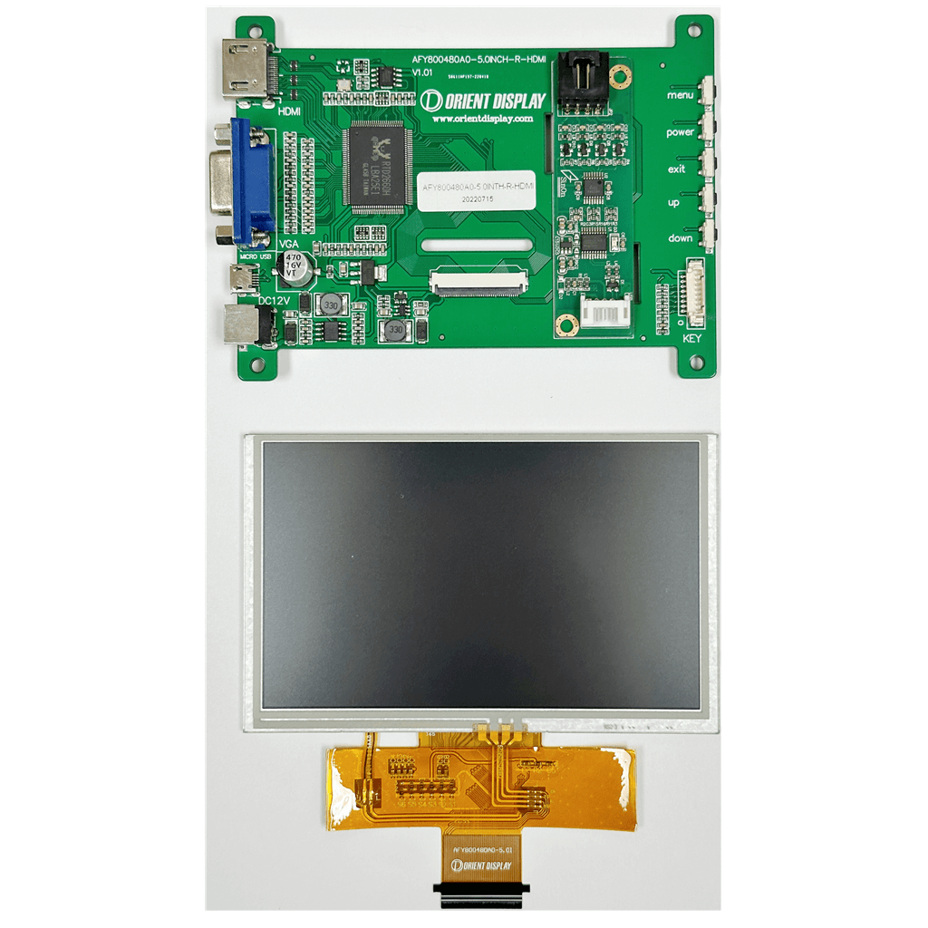 5.0" Raspberry Pi TFT with RTP, 800×480, 800 Nits, VGA/HDMI/USB Interface